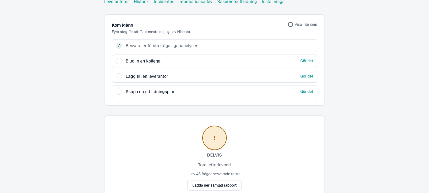 Nisentas instrumentpanel med efterlevnadsstatus och kom igång-checklista